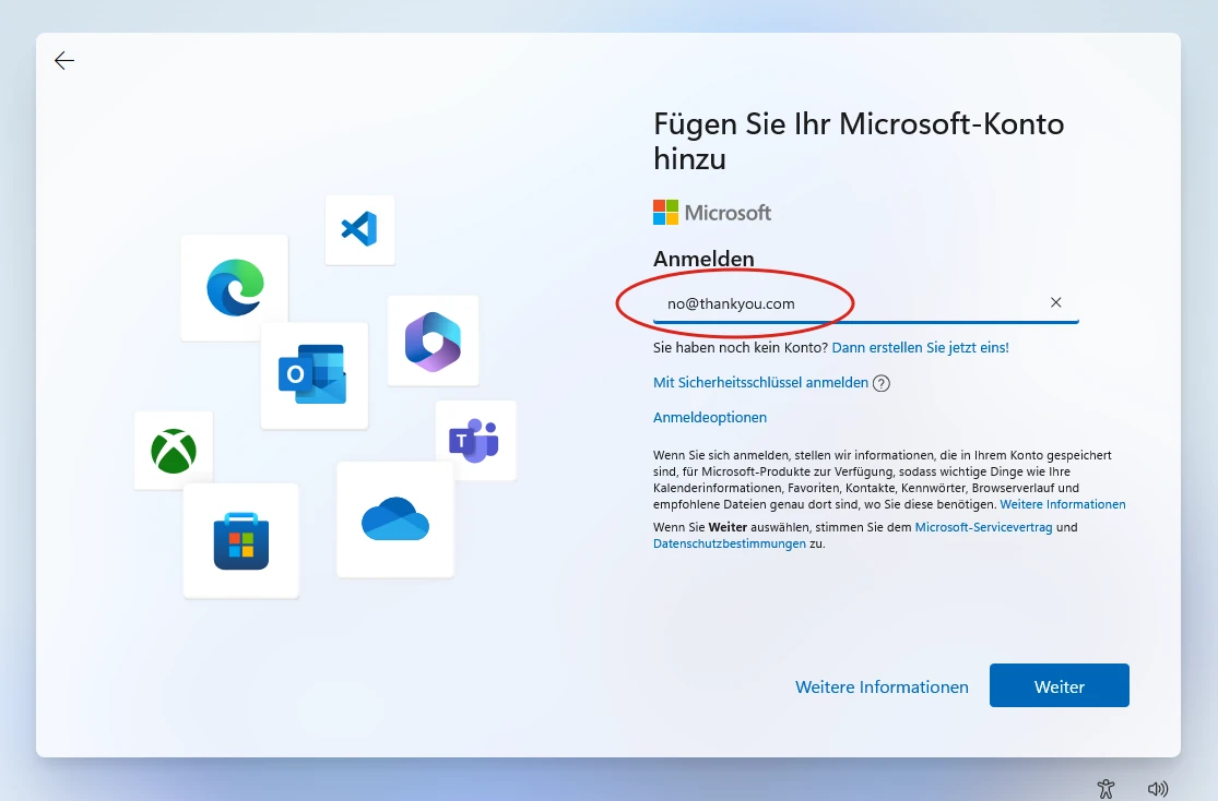 Anmeldemaske für das Microsoft Konto im Windows 11 Installationsassistenten