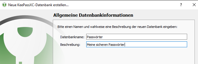 KeePassXC Datenbankname und Beschreibung einrichten
