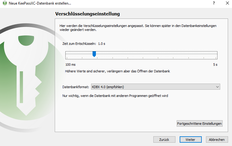 Verschlüsselungseinstellung der KeePassXC Datenbank auswählen