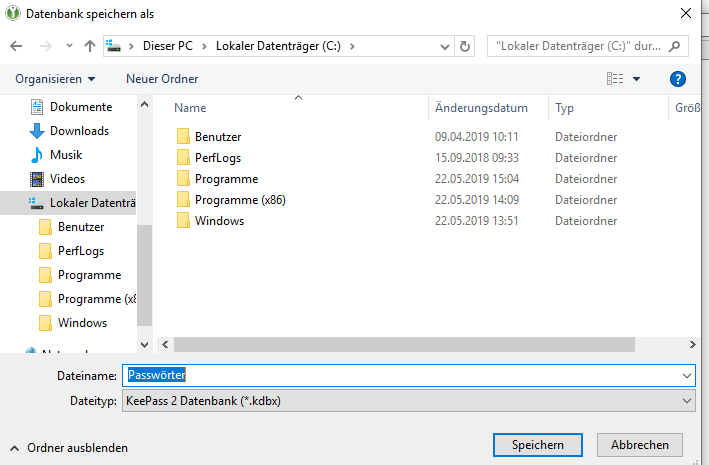 Speicherort für die Datenbank von KeePassXC auswählen