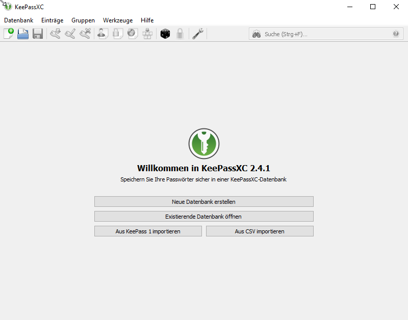 KeePassXC Willkommensbildschirm mit der Auswahl zur Erstellung einer neuen Datenbank