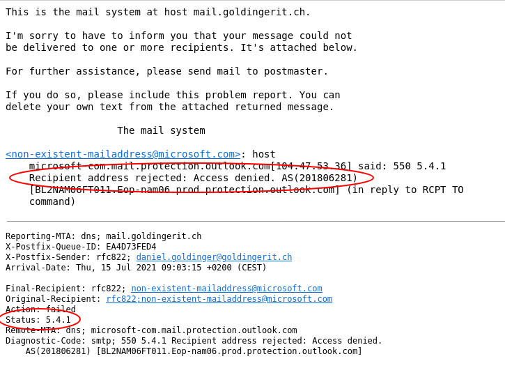 Fehlermeldung vom SMTP Mailserver, wenn die Empfängeradresse falsch ist bzw. nicht existiert