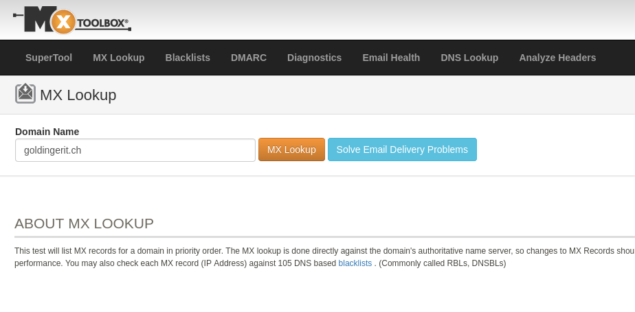 Domain mit MX Lookup von MXToolbox prüfen