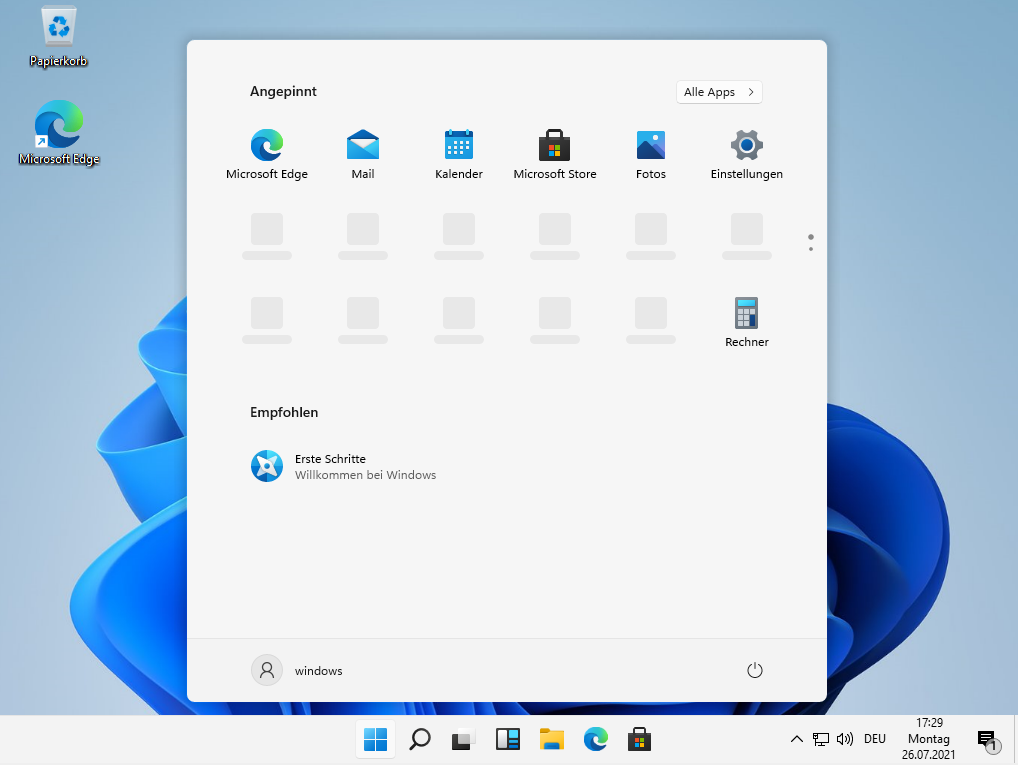 Begrüssungsbildschirm einer frisch installierten Windows 11 Installation