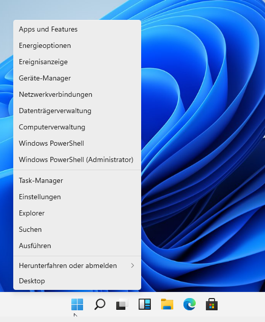 Geöffnetes Kontextmenü des Startmenü-Symbols in Windows 11