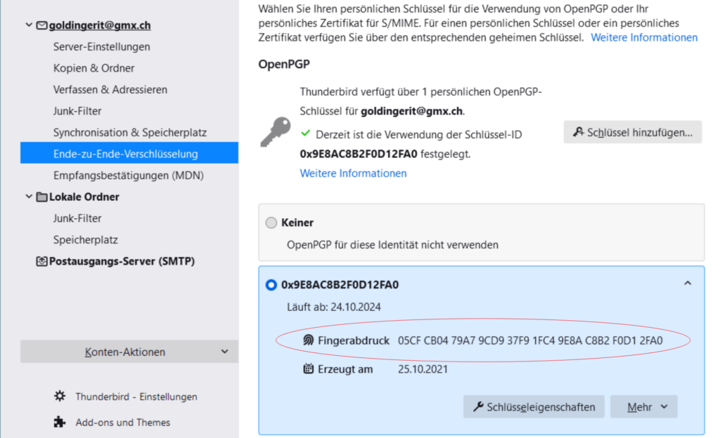 Eigenen Fingerabdruck des persönlichen OpenGPG Keys in Thunderbird anzeigen lassen