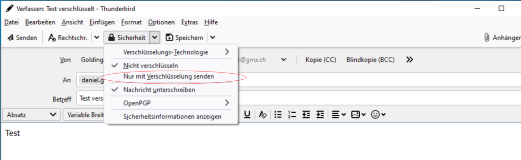 Nachricht in Thunderbird mit OpenGPG verschlüsseln