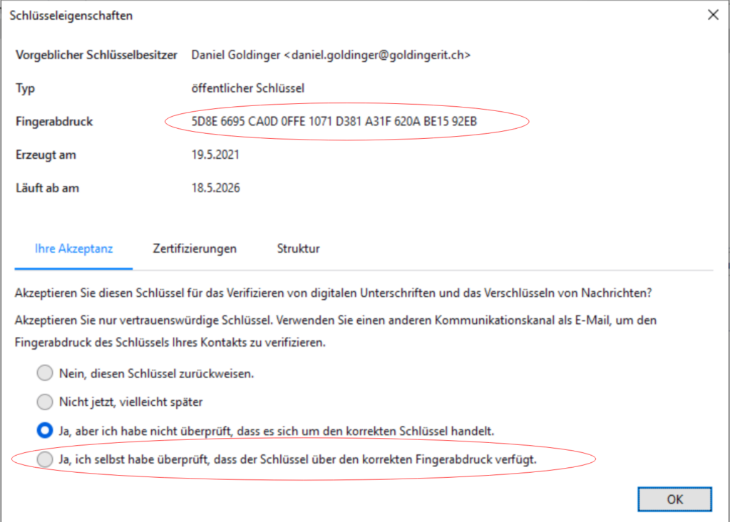 Fingerabdruck eines öffentlichen Schlüssels in Thunderbird abgleichen