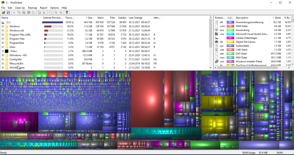 Auswertung nach Speicherplatz mit der Software WinDirStat