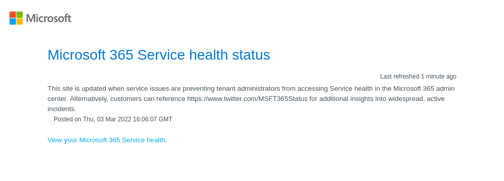 Microsoft 365 Service health status Seite