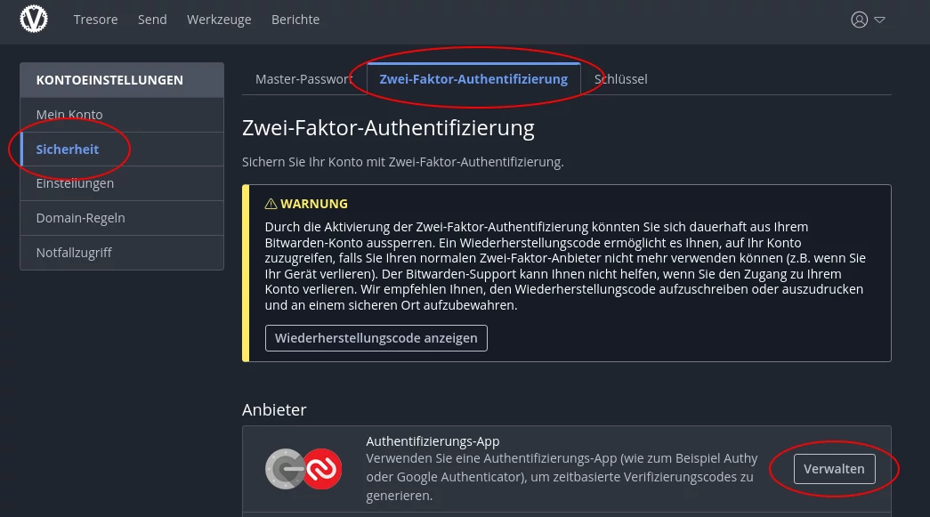 Bitwarden Zwei Faktor Authentifizierung einrichten mit Authentifizierungs-App